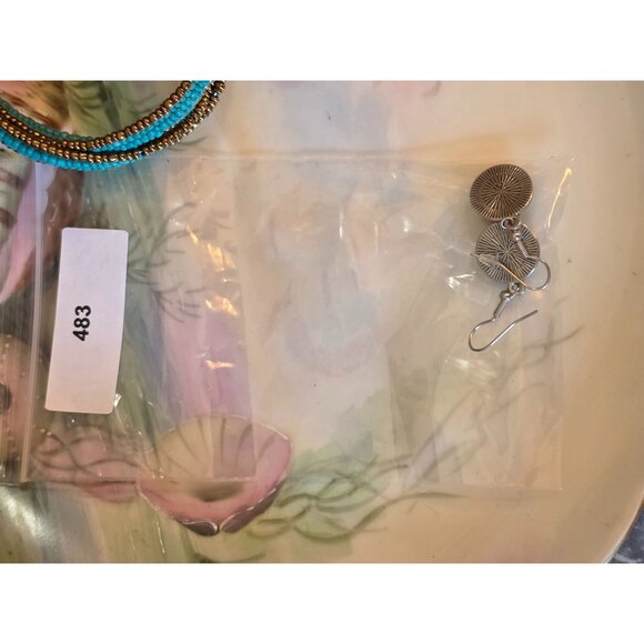 Faux‎ Turquoise Stone Dangle Earrings With Silver Beaded Edge - Picture 3 of 3